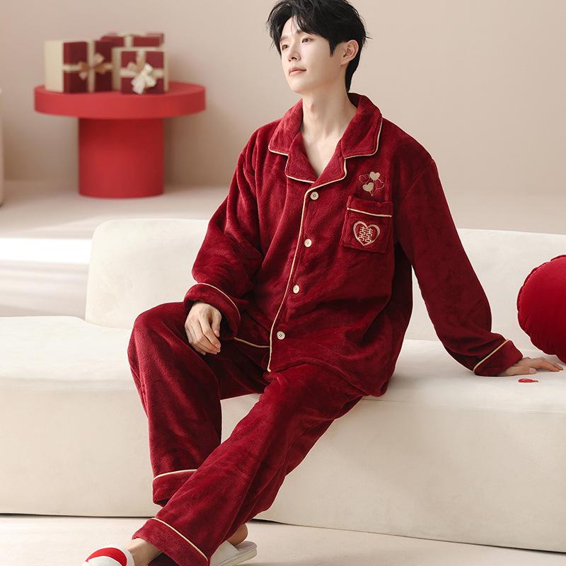 Pajamas wedding newlywed couple set winter coral fleece fleece thickened new Chinese red loungewear set