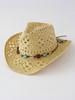 Unisex White Hollow Woven Straw Hat With Beaded Band, Rolled Brim Panama Cowboy Hat For Summer Outdoor Travel Sun Protection