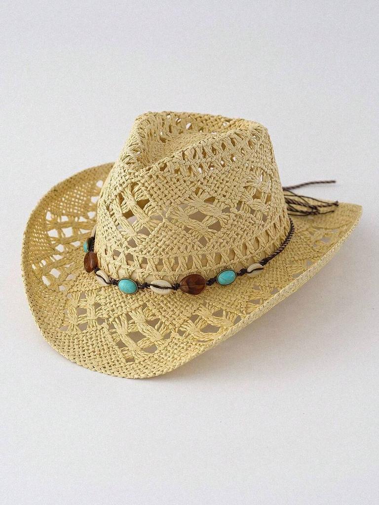 Unisex White Hollow Woven Straw Hat With Beaded Band, Rolled Brim Panama Cowboy Hat For Summer Outdoor Travel Sun Protection