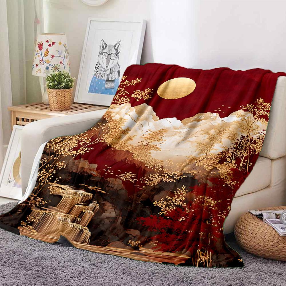 1pc Chinese Style Landscape Blanket, Lightweight Flannel Throw Blanket for Sofa, Bed, Travel, Camping, Living Room, Office, Couch040