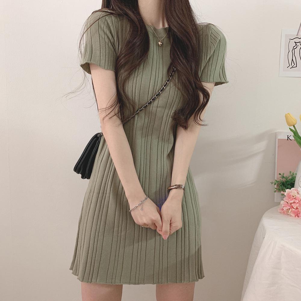 Korean Chic Ribbed Ice Silk Slim Fit Bodycon Knit Dress - Women's Short Sleeve, Round Neck