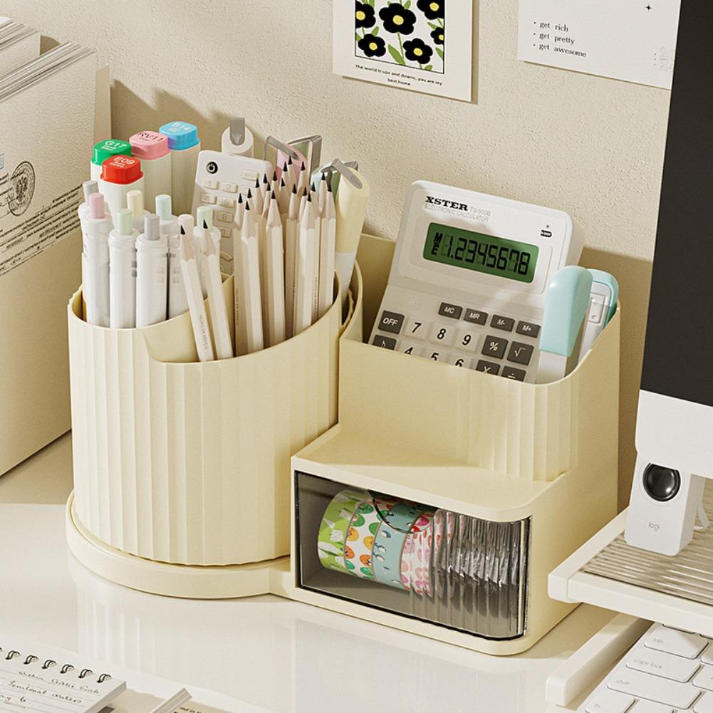 360 Rotating Pen Holder Organizer Desk Storage Box with Drawer Large Capacity for Office Home Student Study Table Top Accessory
