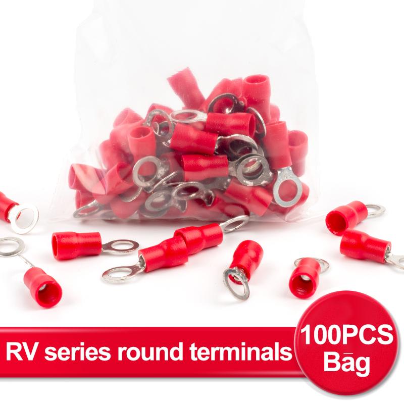 100Pcs RV2-3.2/4/5/6/8/10  Ring Insulated Wire Connector Electrical Crimp Terminal Cable Wire Connector AWG 22-16
