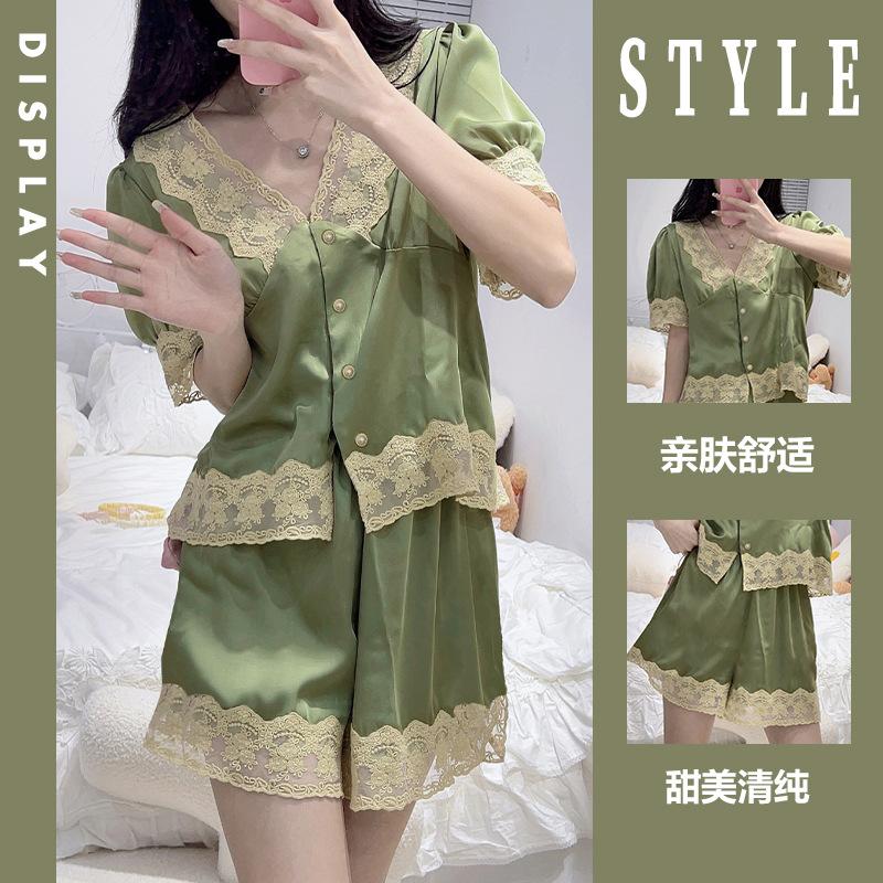 

Милый и нежный кружевной летний комплект из двух предметов с шортами с короткими рукавами, приятный к коже и удобный для ношения дома 2XL