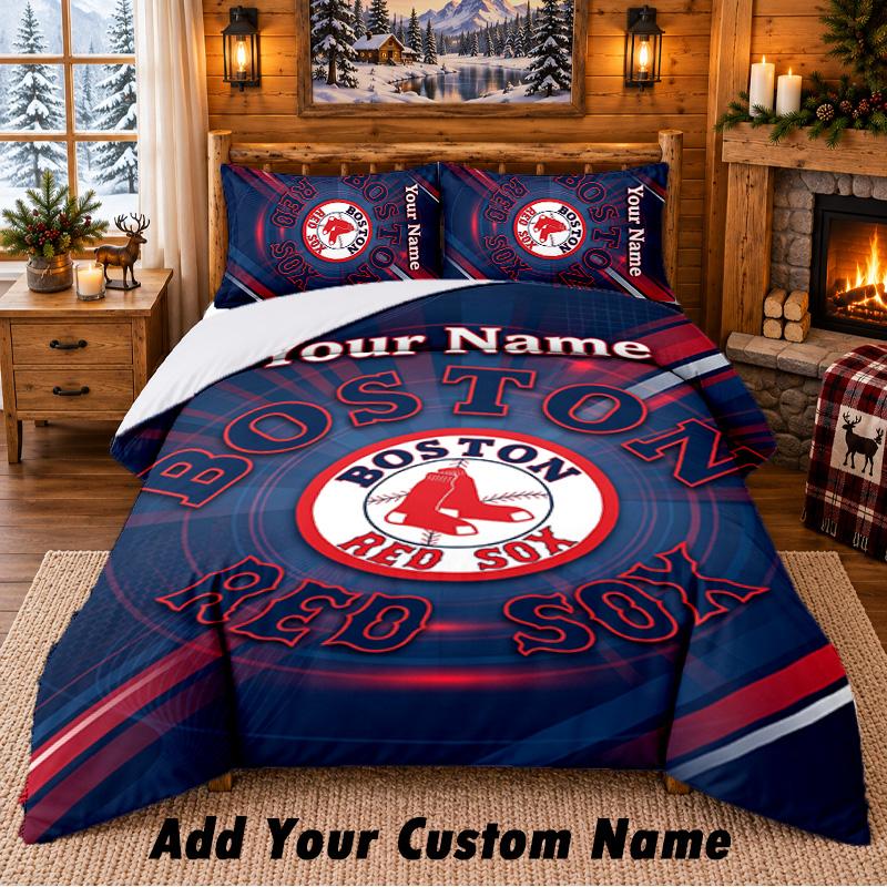 Boston Red Sox Pattern Bedding 3Pcs Set Custom Name, Bed Sheet And Pillowcases For Home Bedroom