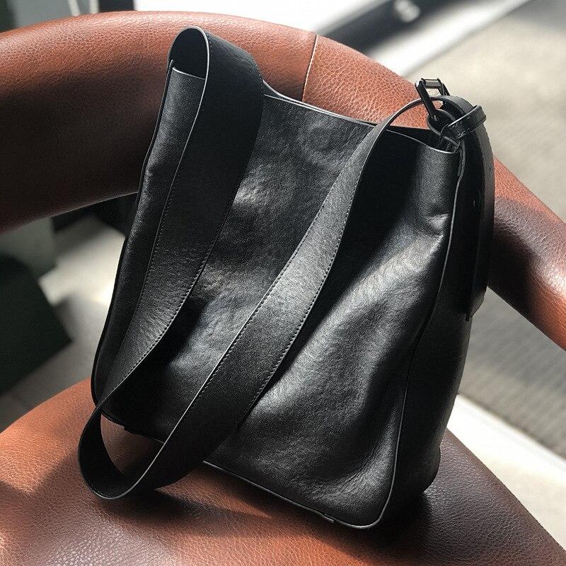 Leisure Women Big Bag Genuine Leather Wide Belt Bucket Bag Soft First Layer Cowhide Shoulder Bag