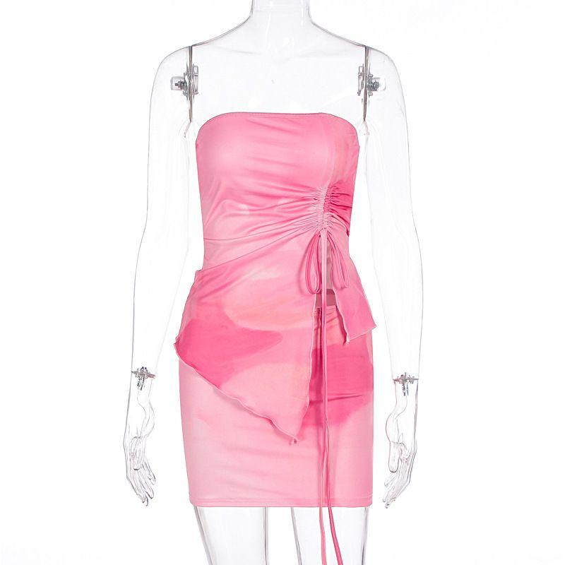 

Outfitgirl Fashion Wind 2025 Summer New Arrival Sexy Print Pleating Tube Top Vest Half-Length Skirt Outfit Pink L