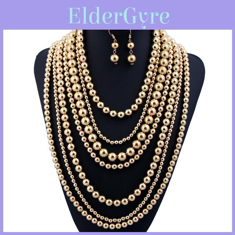 Collier Oversize Style Européen Orné de Perles Dorées au Design Géométrique pour Femmes