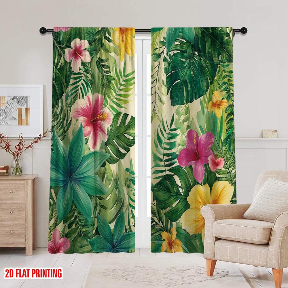 2pcs,2D Plane Printing Window Curtain Tropical Bloom Versatile Polyester (without Rod) Gifts Use for Bedroom Living Room Window