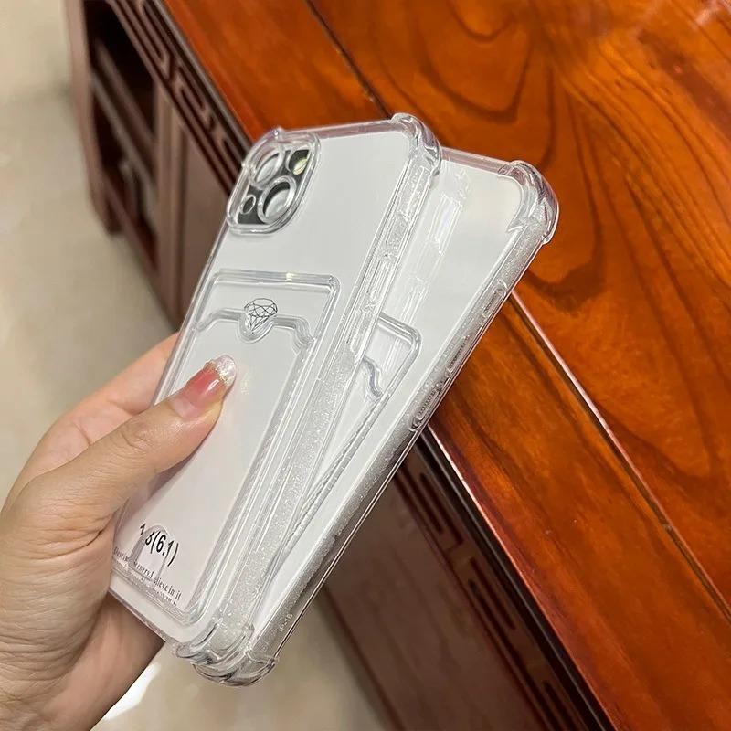 Fashion Soft Card Holder Bag Case For 17 16 15 14 13 12 11 18 Pro X XR Max 7 8 Plus 16e Air Transparent Shockproof Cover