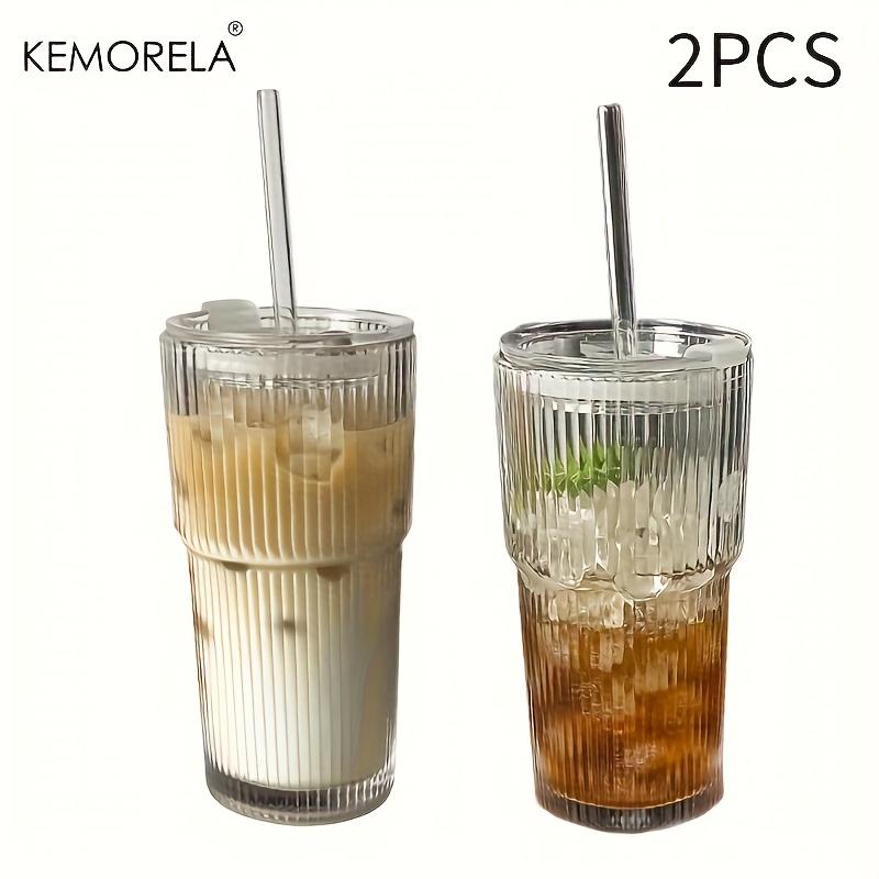 1pc/2pcs 20oz Ribbed Glass Tumbler with Lid & Glass Straw, Reusable Machine-Washable Drinking Cup for Iced Coffee, Smoothies, Juice & Cocktails