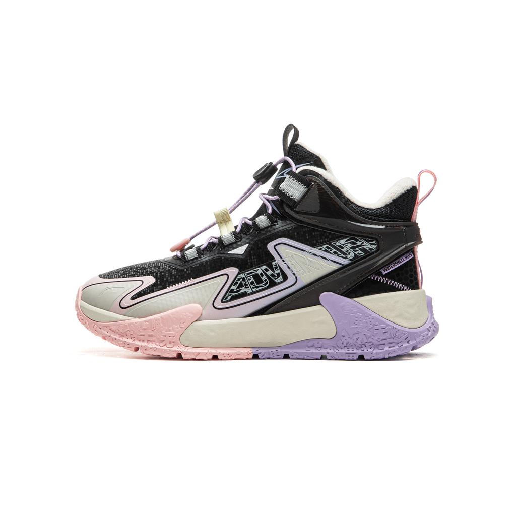 Li Ning Kids Synthetic Leather Comfortable Fleece Non-Slip Shock Absorbing Wear-Resistant Warm Mid-Top Outdoor Shoes Kids Shoes Black YKEU012-22