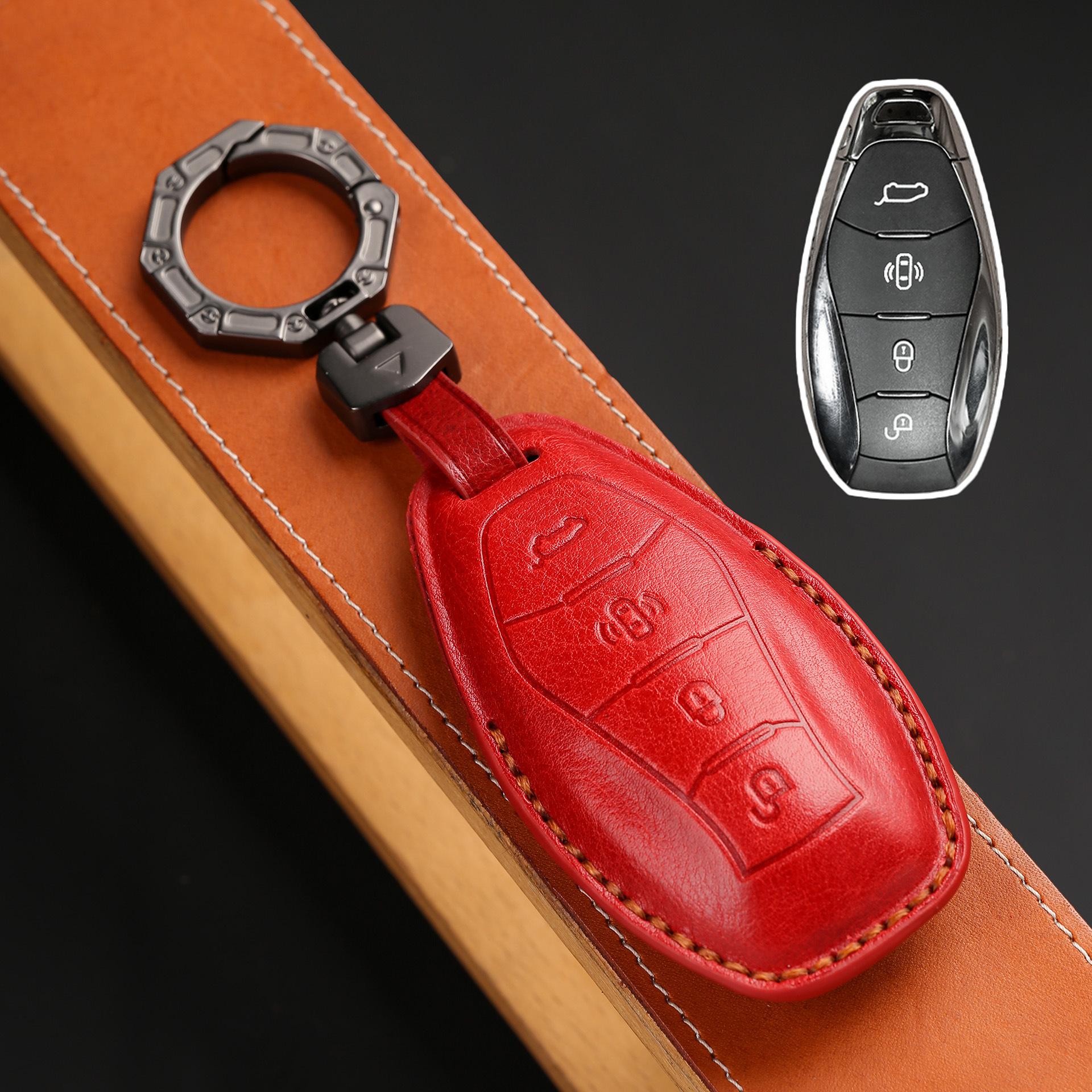 

3D Top Grain Leather Key Cover for Hongqi H5 H9 EQM5 - Full Protection Anti-Scratch Case w/ Metal Ring & Premium Stitching