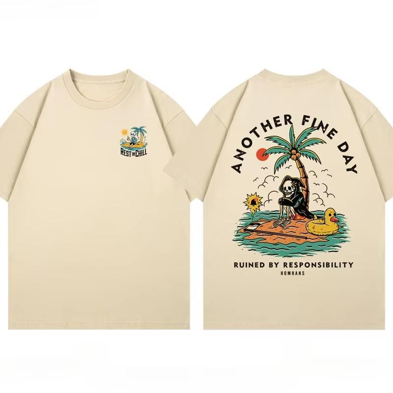 2025 Summer New Fun Death God Vacation printed cotton Tshirt loose and fashionable couple shortsleeved mens and womens tops