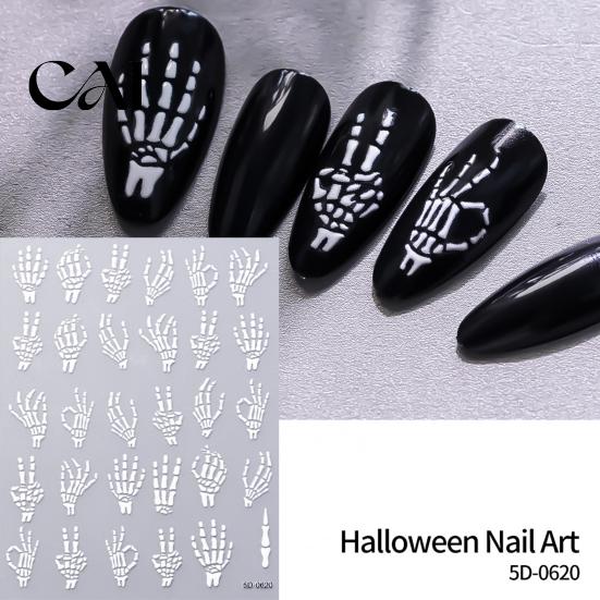 Holiday Party Nail Decals Halloween 3D Embossed Stickers, Skeleton Hand Pumpkin Spider Bat Gothic Manicure Art Decals, Decoration for Decor Sticker