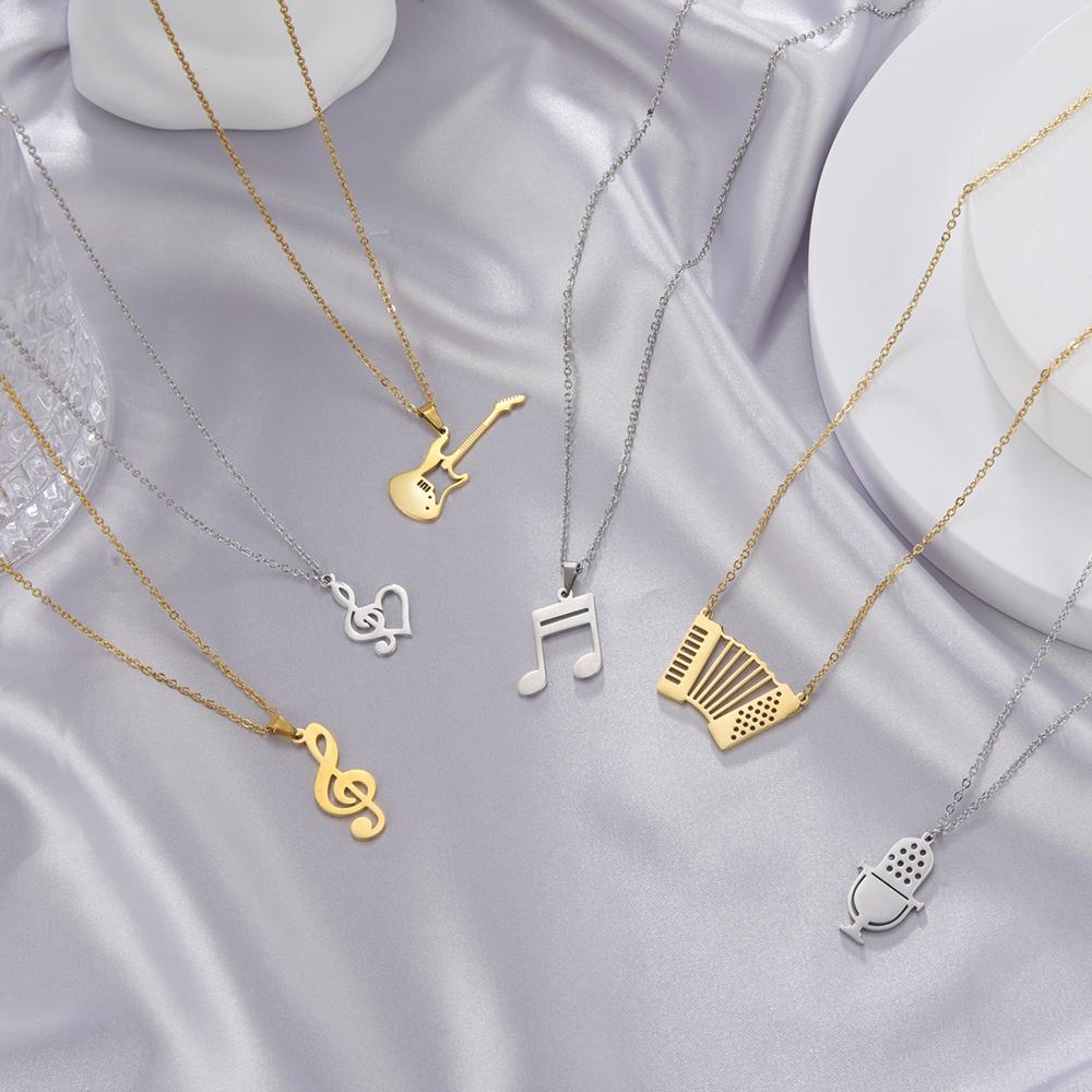 Music Guitar Pendant Necklace for Women Men Stainless Steel Gold Microphone Accordion Neck Chain Jewelry Gift