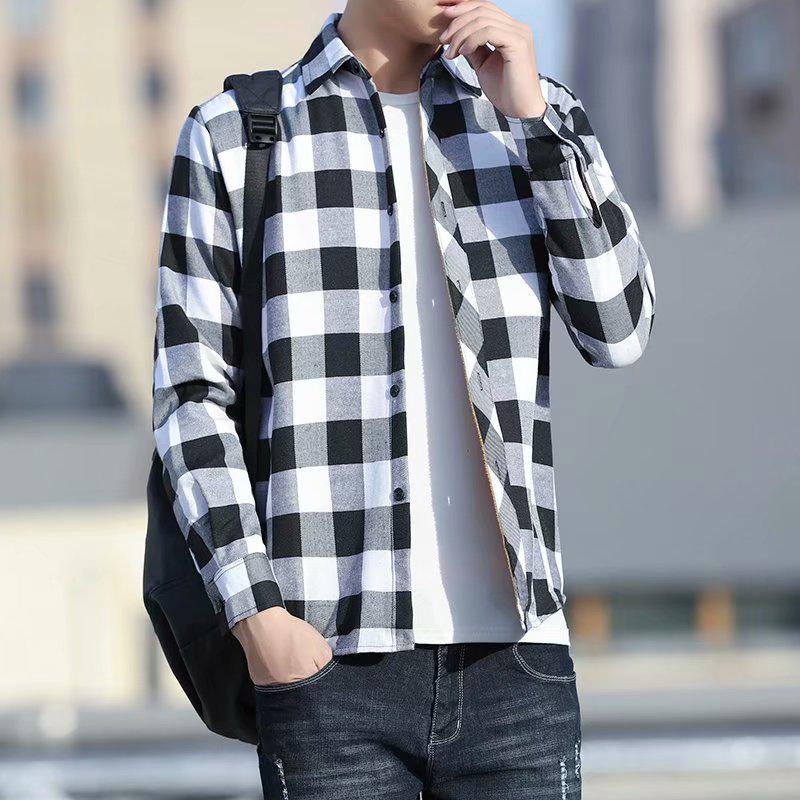 Men's Plush Thickened Long-Sleeve Plaid Shirt - Korean Winter Style