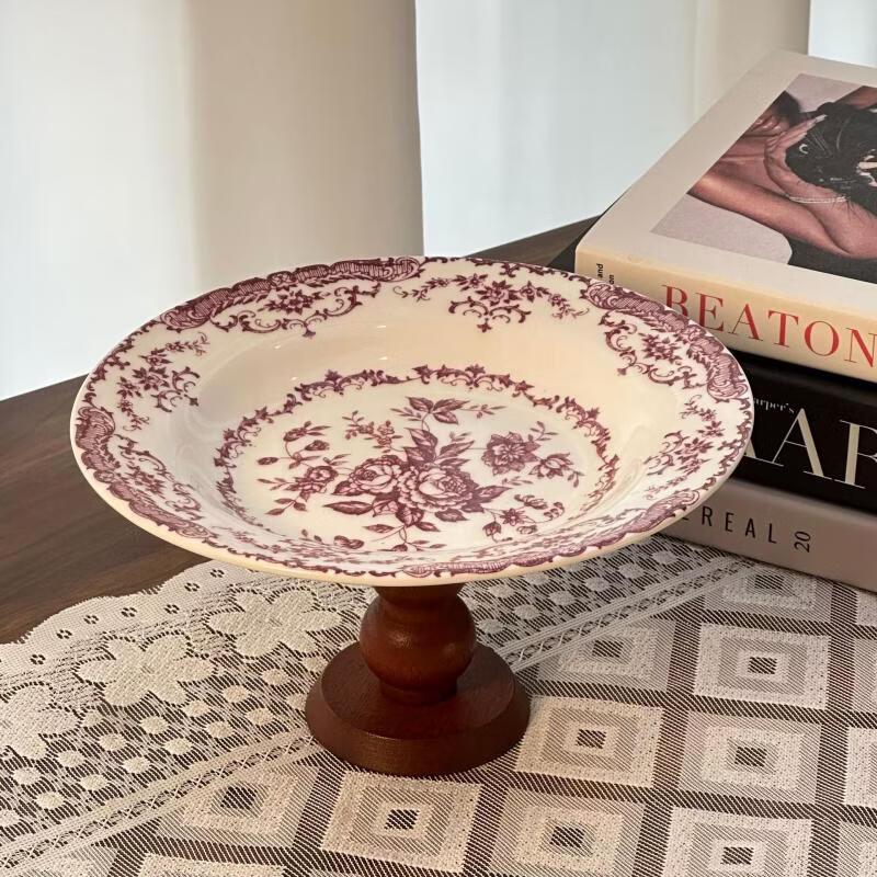 Ruhan Ceramic Light Luxury High-Footed Fruit/Soup Plate with Wooden Base