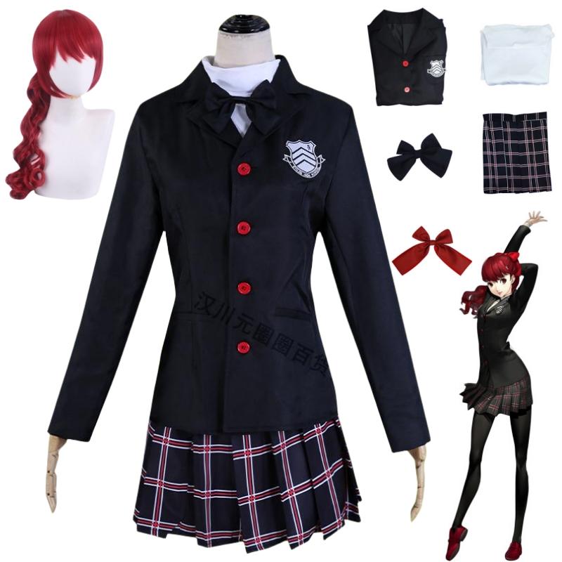 Anime Persona 5 Kasumi Yoshizawa Cosplay Kostuum Pruiken Schooluniform Jurk Rood Haar Halloween Dames Kostuums Zwart Pak Carnaval M