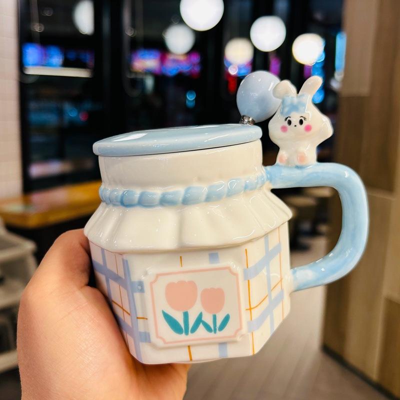 Rabbit Couple Tulip Cup Souvenir Birthday Gift Girl Office Water Cup Ceramic Mug with Cover