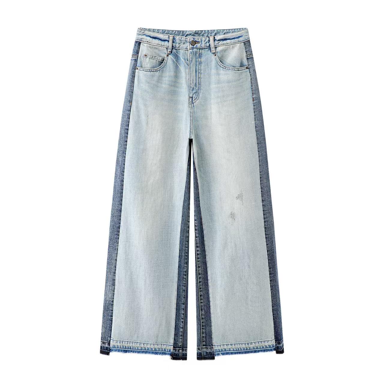 Available: 2026 Spring Retro Color Block Patchwork Wide-Leg Washed Denim Jeans for Women Large синий