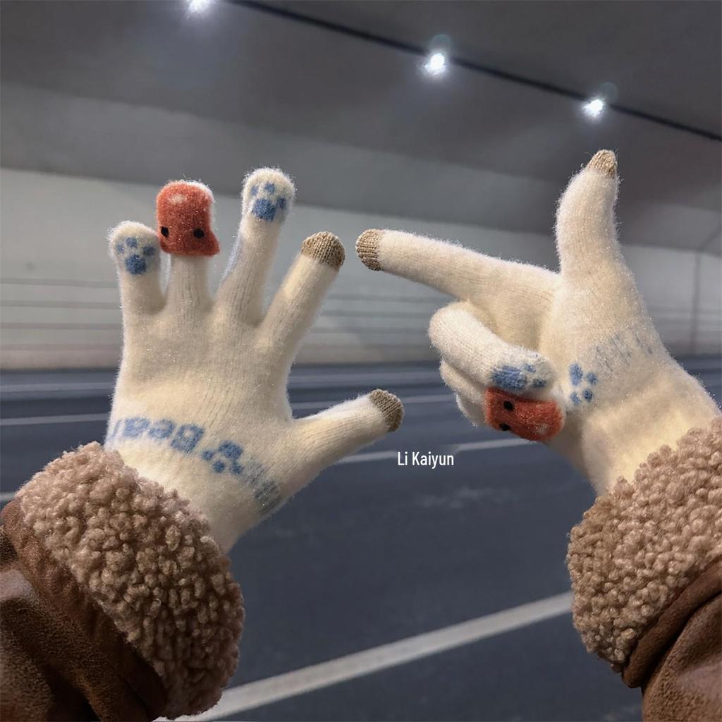 Women's Cute Winter Touchscreen Wool Knit Gloves - Velvet Lined, Cold-Proof for Cycling and Daily Wear