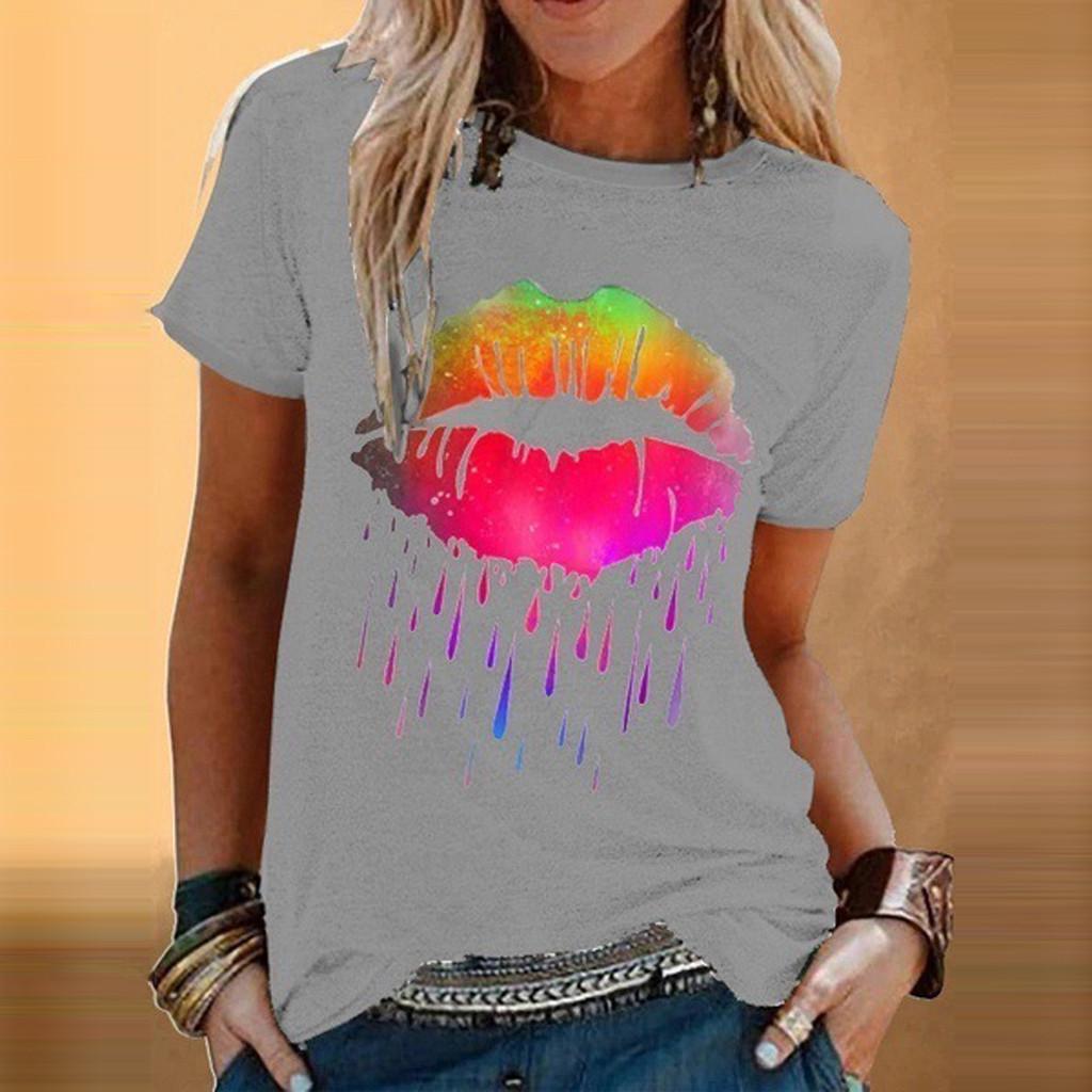 Fashion Women Casual Colorful Lip Print Short Sleeve  T-Shirt Blouses Tops