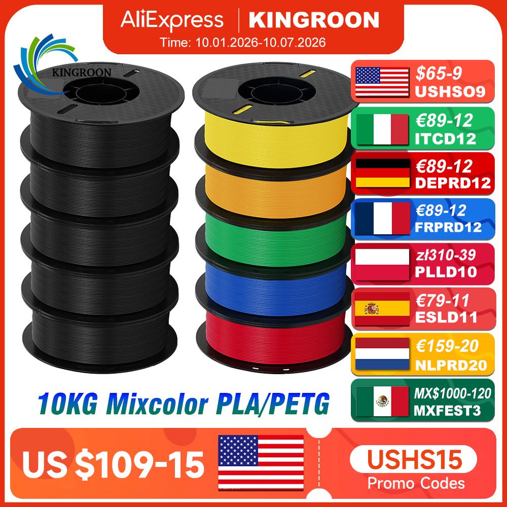 KINGROON 10KG PLA Filament PETG 3D Filament 1.75mm For 3D Printer Filament Bundle Mixed Colors FDM Printing Material Fast Ship