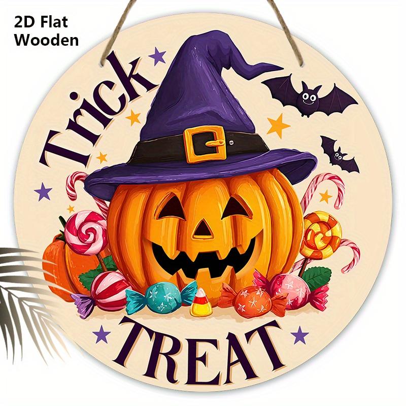Halloween Wooden Sign with Wizard Pumpkin Pattern - Unique Figurine Ornaments with Trick or Treat - Ideal for Front Door, Farm, Porch Decor