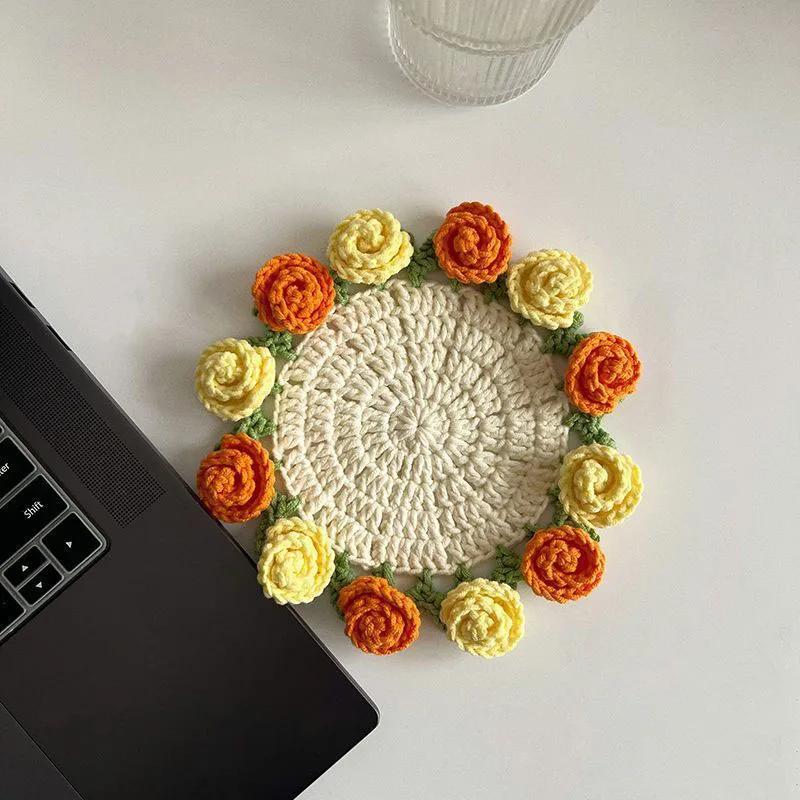 Crochet Coaster Rose Flower Coaster Crochet Flower Placemat Rose Bouquet Cup Pad Coffee Mug Cup Mat Mother's Day Gift