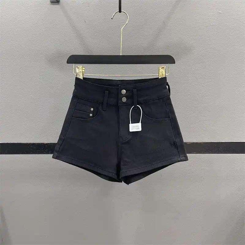Dames Khaki Hoge Taille Denim Shorts Dubbele Knoop Casual Zomer Hete Broeken