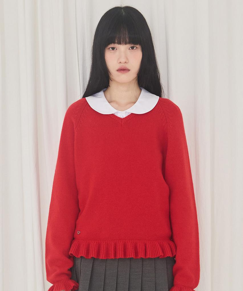 Alkialka V-Neck Frill Knit (Red)