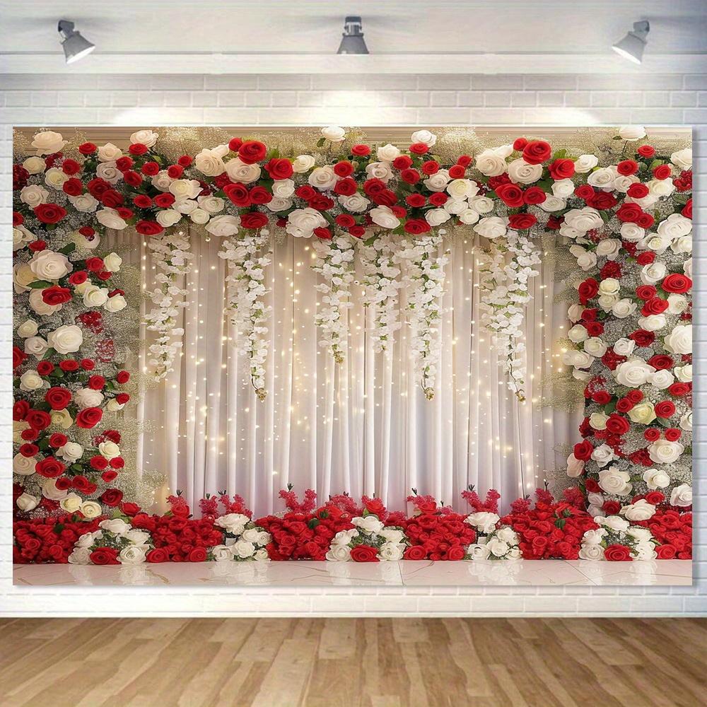 Bannière de fond de mariage sur le thème des fleurs de roses rouges et blanches, décoration de mariée sans électricité, pour l'intérieur et l'extérieur