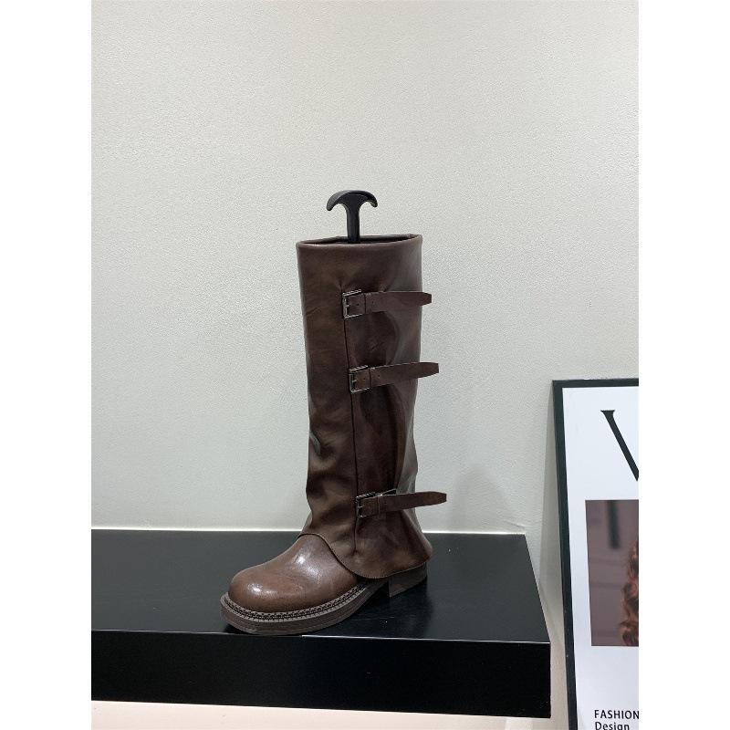 Thick-soled brown Maillard long knight boots women's boots 2025 new autumn and winter black locomotive medium boots
