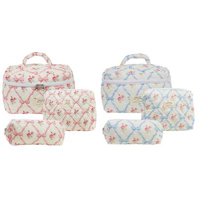 3Pcs Makeup Bag Set Cosmetic Holder Bag Large Capacity Quilted Coquette Toiletry Bag Aesthetic Cotton for Travel Vacation