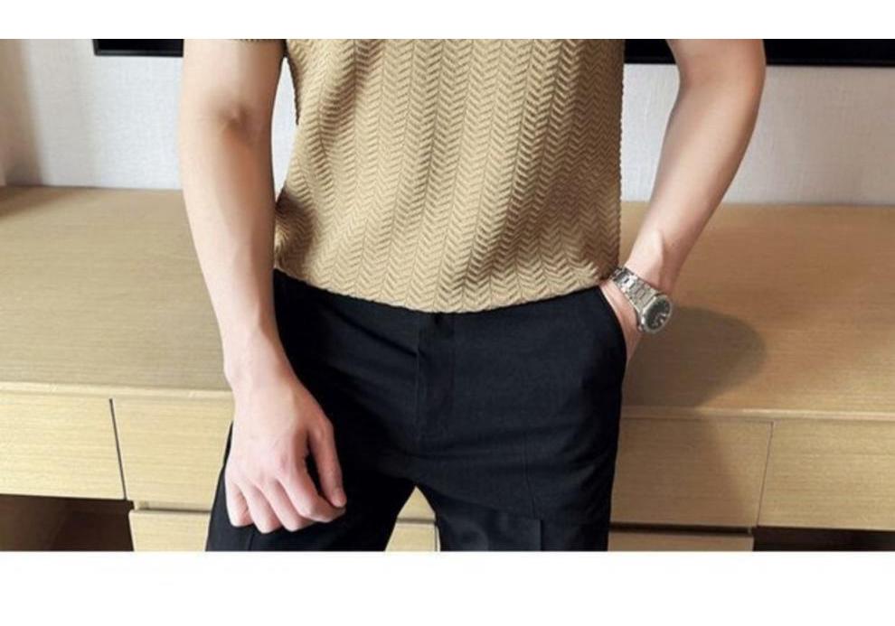 Men's Luxury Summer Jacquard Wave Pattern Polo Shirt - Short Sleeve Knit with Lapel and Color Block Design