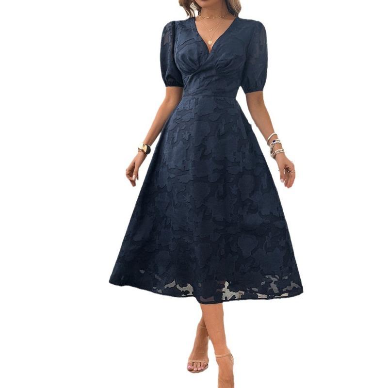 Spring/summer Women's Short-sleeved V-neck High-waisted Vintage Elegant Dress