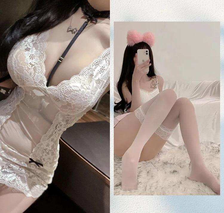 New High-end Objects Deep V Dew Ditch Lace Perspective Temptation Provocative Hip-wrapped Nightdress Sexy