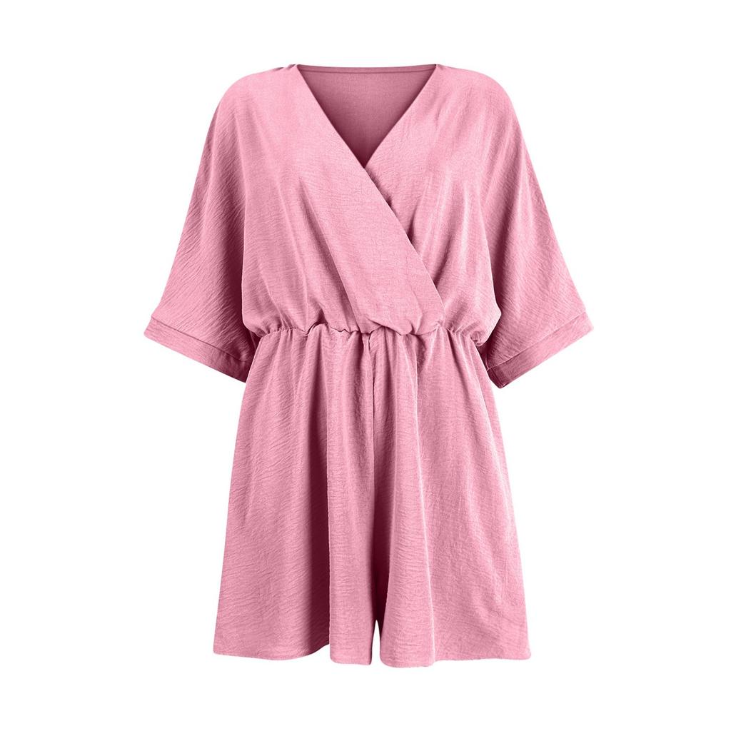 Women's Fashionable Solid Color V-neck Short Sleeved Loose Jumpsuit
