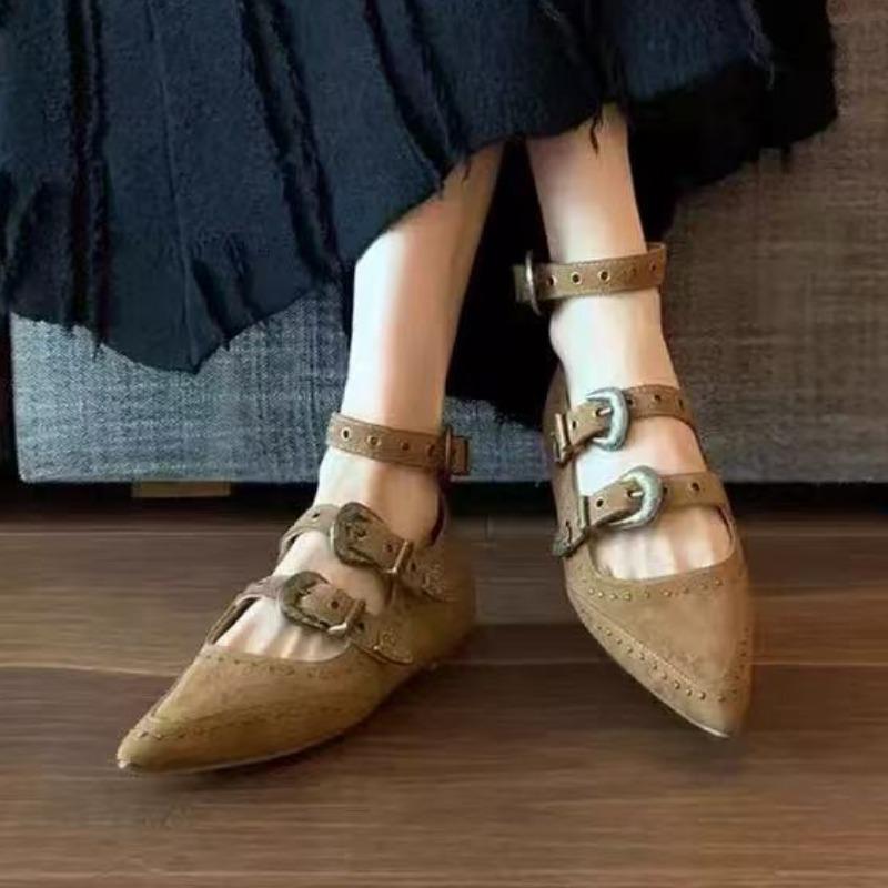 Damen Spangen-Ballerinas Designer Schnalle Mode Arbeitsschuhe Herbst 2025 Neu Wildleder Kleid Flach Zapatillas Mujer
