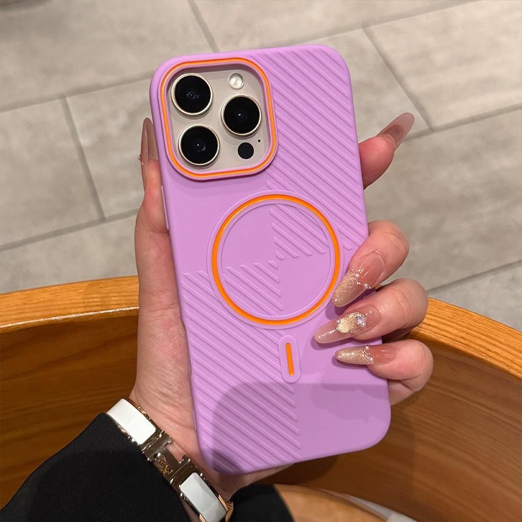 

Applicable To IPhone 16 Contrasting Color Matte Thin Circle Magnetic Suction Phone Case Apple 15 Oblique Stripe Advanced Sense Protective Case 14 iPhone 12 PROMAX