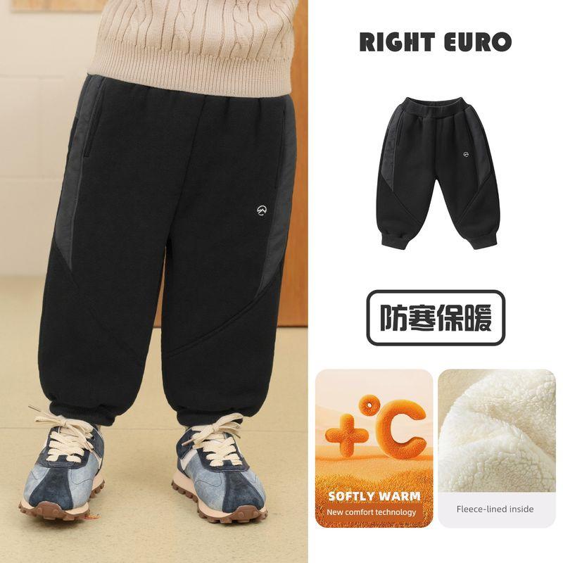 Boys' Mountain-Style Patchwork Fleece-Lined Sports Pants, Casual Thickened Sweatpants, Children's Winter Clothing, Trendy Children's Wear U16781