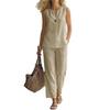 Women Solid Color V Neck Sleeveless Linen Blend Two Piece Set Casual Wide Leg Pants Outfit