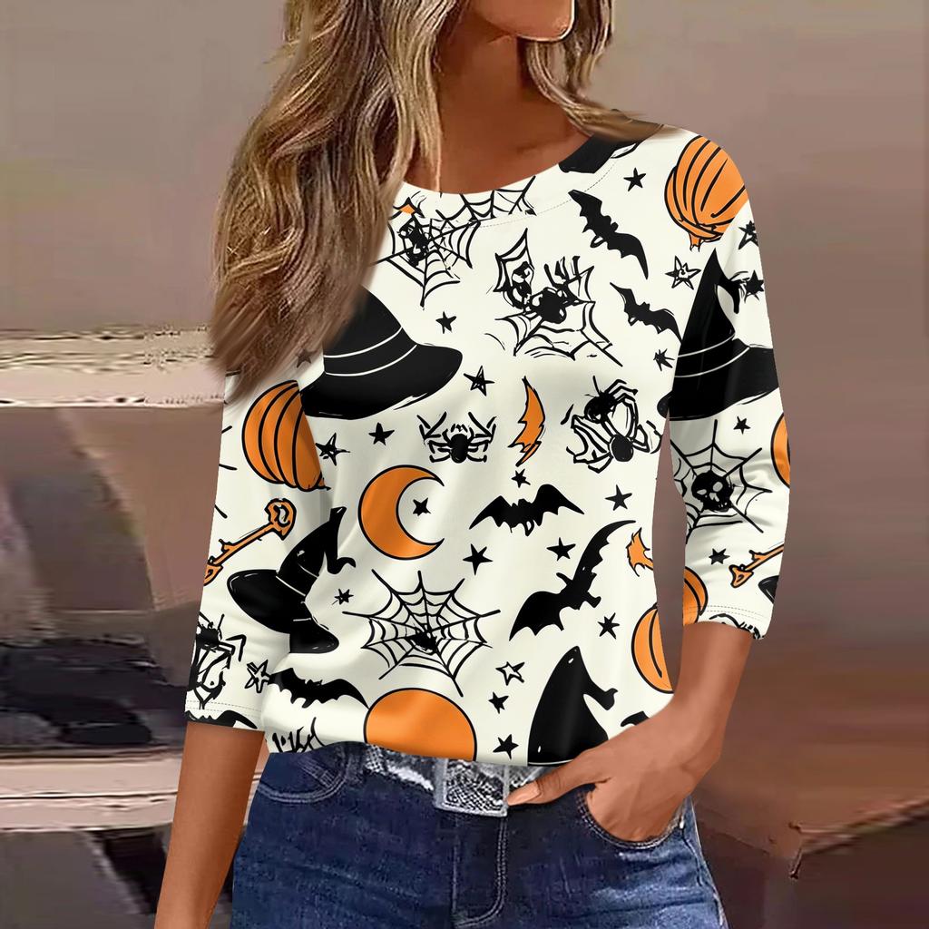 Women 3/4 Sleeve Casual Shirt Loose Fit Round Neck Halloween Print T Shirt Comfortable Lightweight Top for Everyday Wear