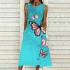 Women Loose Sleeveless Round Neck Dress Elegant Watercolor Floral Branches Calf Length Gown