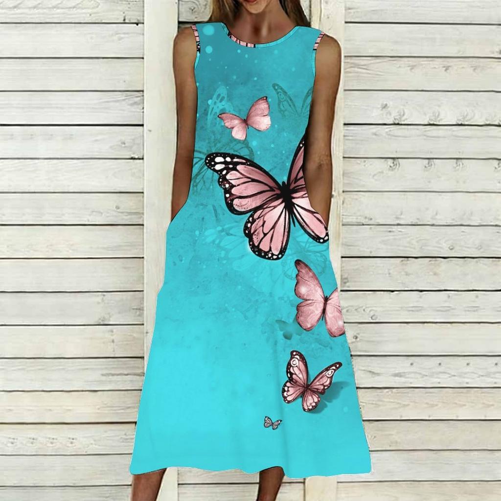Women Loose Sleeveless Round Neck Dress Elegant Watercolor Floral Branches Calf Length Gown