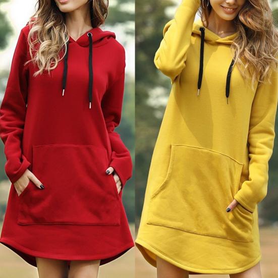 Casual Women Autumn Winter Long Sleeve Pocket Drawstring Loose Hoodie Mini Dress