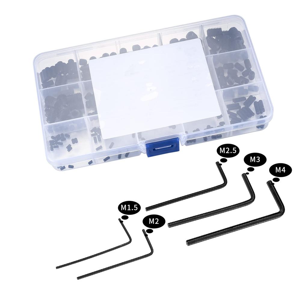 Hex Socket Set Screw Headless Carbon Steel Threaded Internal Hex Grub Screws M4 M5 M6 300 Hex Key Wrench Included Set, Screws, Screws, Hollow, (M3