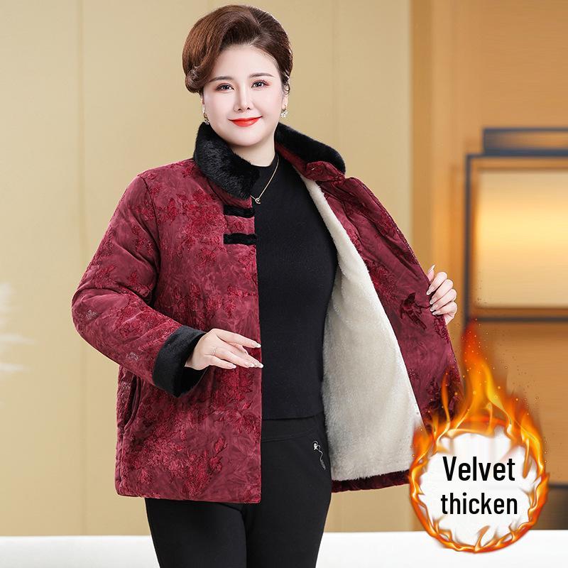 Plus Size Velvet Cotton Jacket for Women - Loose, Padded Winter Outerwear for Middle-Aged & Elderly