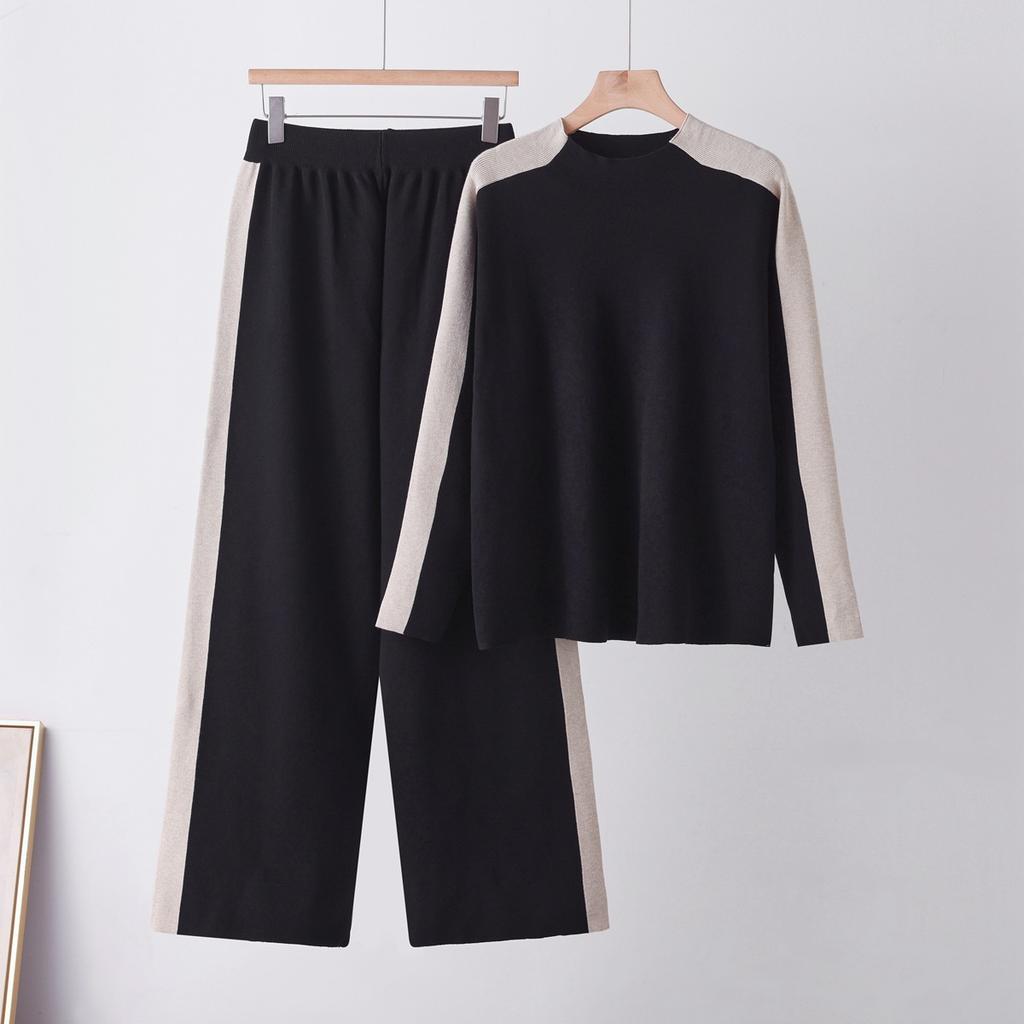 Cross-border Semi-turtleneck Sweater Set Europe, America, 2026 Autumn and Winter Contrasting Colors Splicing Wide-leg Pants Fashion Knitted Two-piece